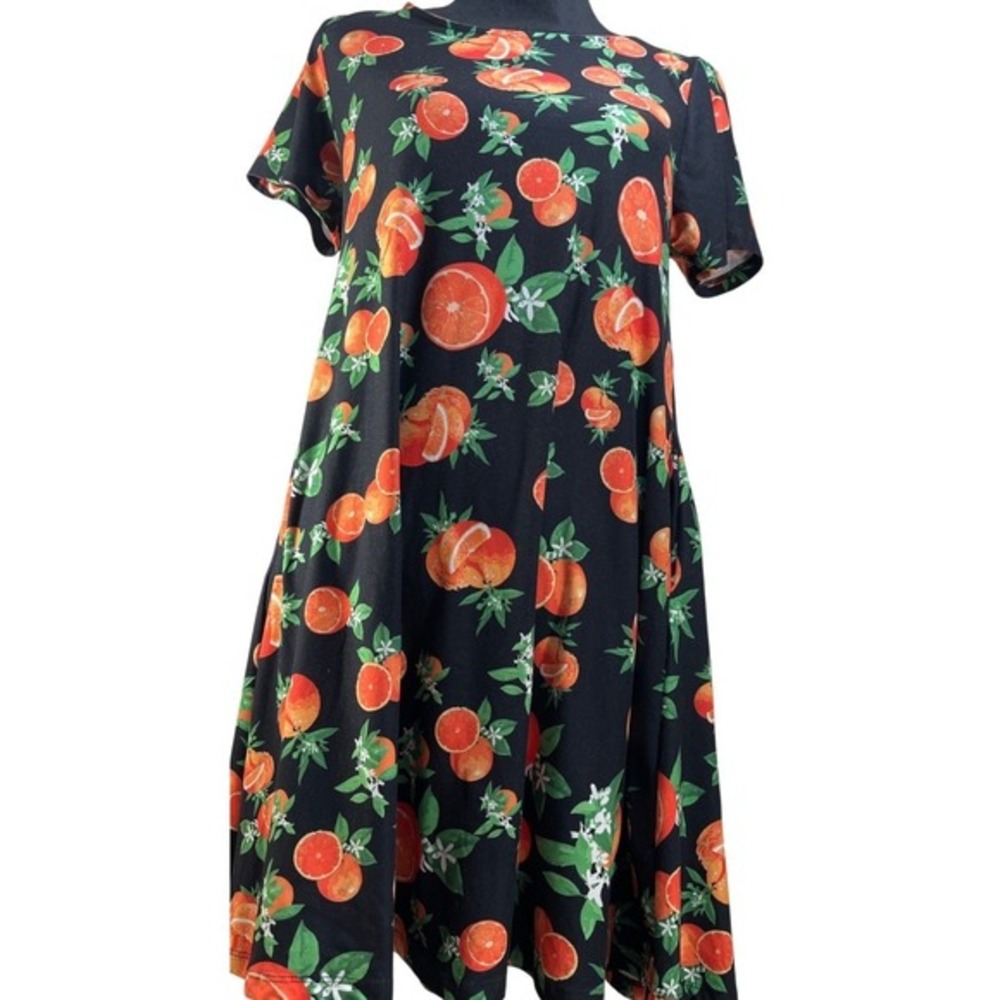 Yelete Orange Citrus Fruit Print Short Sleeve‎ Swing T-Shirt Dress M foodie mod
